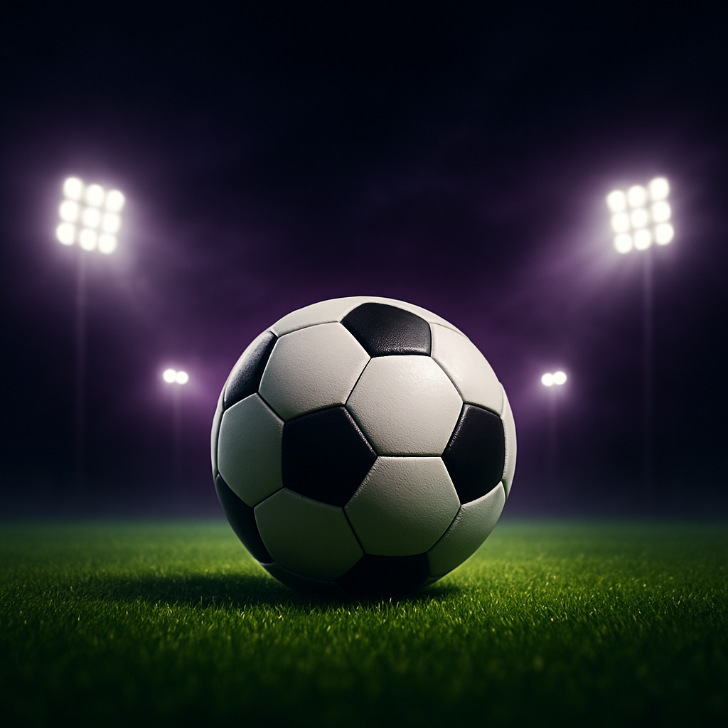 Balón de fútbol en un estadio iluminado